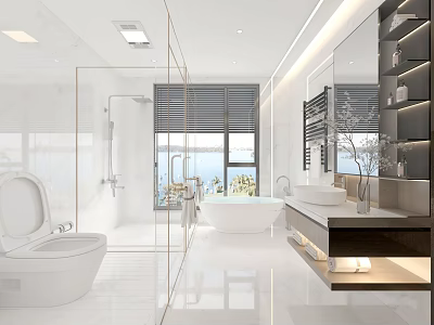 Modern Bathroom Interior Design With Glass Shower Bathtub Toilet Vanity Large Window And Sea View 3d model