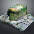 Natural Garden Landscape With Moss Covered Stone Pillar And Cracked Stone Pavement