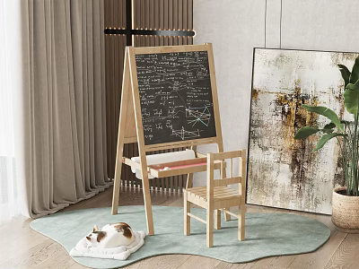 Art Supplies Musical Instruments with Wooden Easel Chalkboard Small Chair Green Rug Potted Plant 3d model