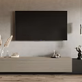 Modern TV Stand with Wall TV Dried Pampas Grass and Decorative Ornaments on Gray Wall