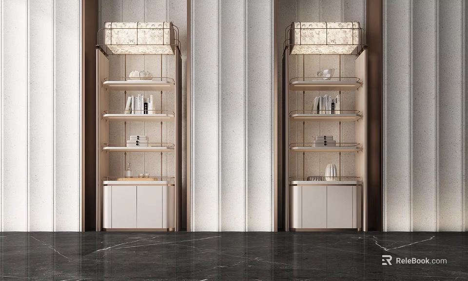 Modern Luxury Wine Cabinets With Glass Shelves On Dark Marble Floor And Striped Wall 3d model 