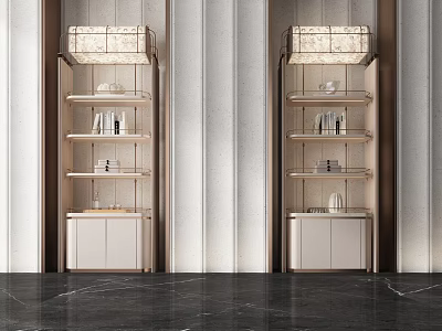 Modern Luxury Wine Cabinets With Glass Shelves On Dark Marble Floor And Striped Wall 3d model