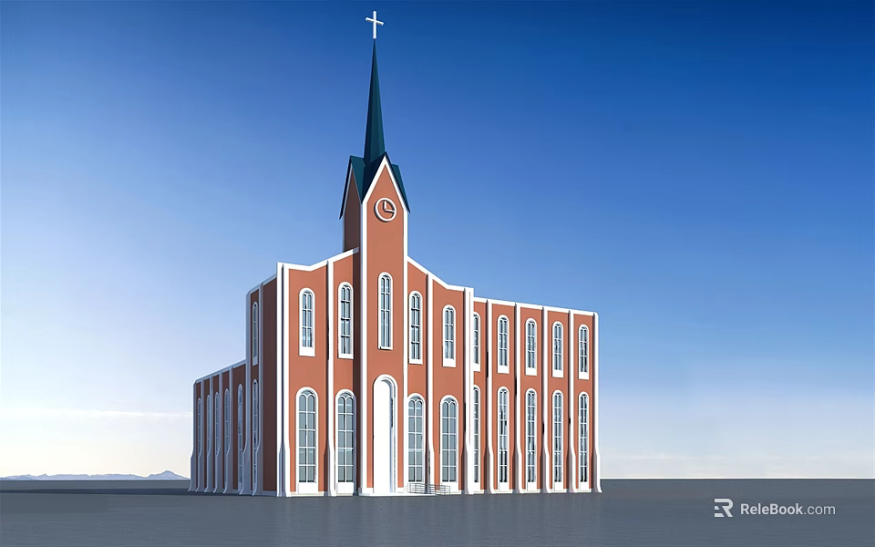 Red Brick Church Building With Steeple Cross Clock Tower Arched Windows And Blue Sky 3d model 