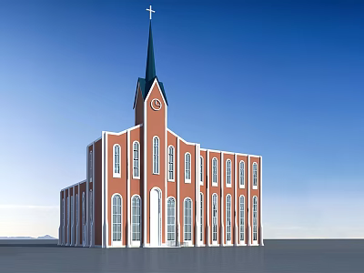 Red Brick Church Building With Steeple Cross Clock Tower Arched Windows And Blue Sky 3d model