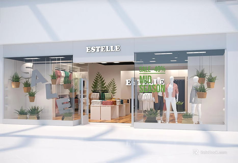 Modern Clothing Store With Stylish Window Display New Arrivals Green Plants And Mannequins 3d model 