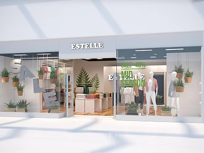 Modern Clothing Store With Stylish Window Display New Arrivals Green Plants And Mannequins 3d model