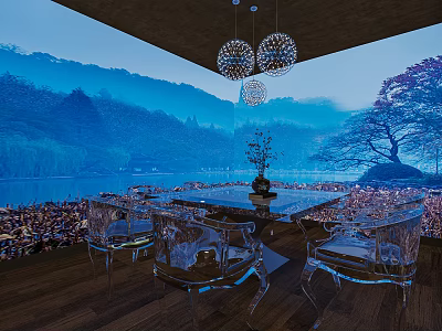 Luxury Box Interior With Transparent Chairs Table Flower Vase Lake And Mountain View Chandeliers 3d model