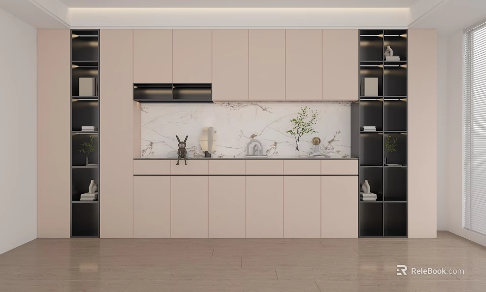Modern Wine Cabinet With Glass Doors And Marble Counter Display Shelves 3d model 