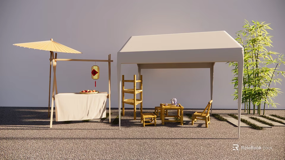 Outdoor Stall Setup With White Tent Wooden Table Chairs Umbrella Red Lantern And Fruits 3d model 