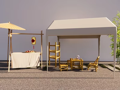 Outdoor Stall Setup With White Tent Wooden Table Chairs Umbrella Red Lantern And Fruits 3d model