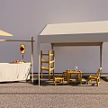 Outdoor Stall Setup With White Tent Wooden Table Chairs Umbrella Red Lantern And Fruits
