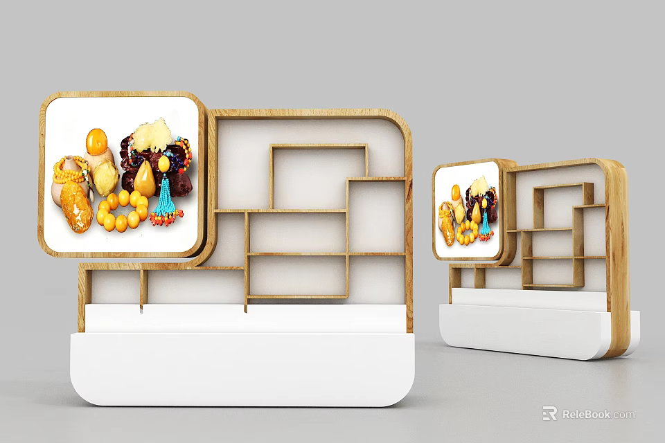 Wooden Display Shelves With Multiple Compartments For Bread And Fruits 3d model 