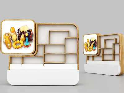 Wooden Display Shelves With Multiple Compartments For Bread And Fruits 3d model