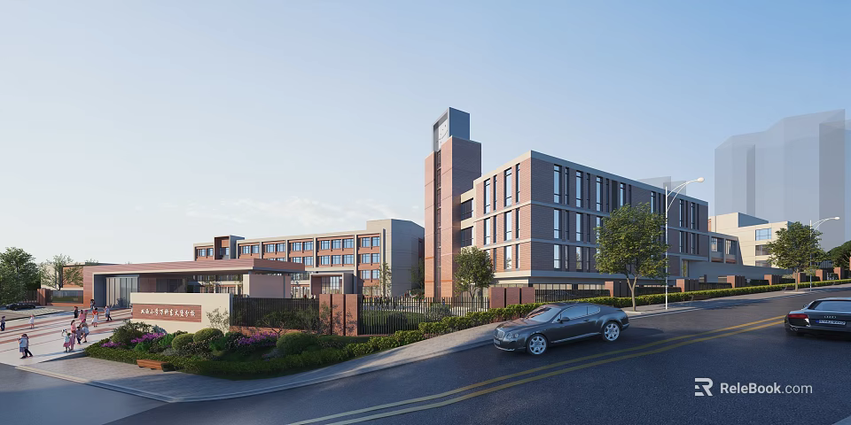 Modern School Building Complex With Tower Structure Red Brick Facade And Landscaped Garden 3d model 