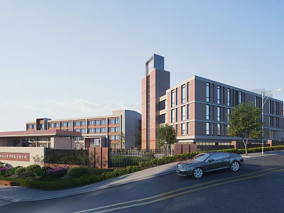 Modern School Building Complex With Tower Structure Red Brick Facade And Landscaped Garden 3d model