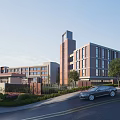 Modern School Building Complex With Tower Structure Red Brick Facade And Landscaped Garden