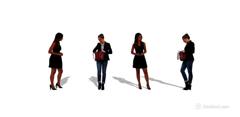 Women in Stylish Dresses Blazers Jeans and Red Handbags Posing in Different Styles 3d model 