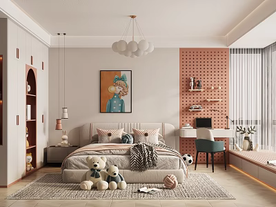 Cozy Modern Kids Bedroom With Plush Toys And Study Desk 3d model
