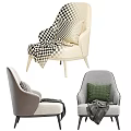 Modern Beige Fabric Armchair with Leather Armrests Geometric Pillow and Gray Blanket