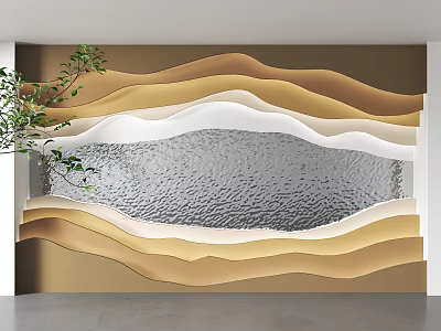 Wavy Layered Background Wall With Beige White Silver Water Like Textured Surface And Green Plant 3d model