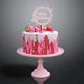 Happy Birthday Cake With White Frosting Pink Drizzle Strawberries And Flowers On Pink Stand