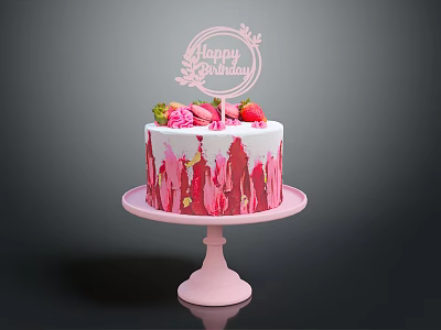 Happy Birthday Cake With White Frosting Pink Drizzle Strawberries And Flowers On Pink Stand 3d model