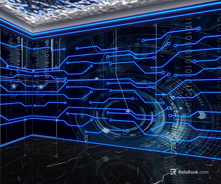 Tech Inspired Background Wall With Blue Circuit Patterns And Illuminated Digital Elements 3d model
