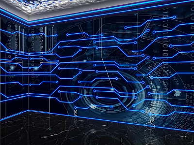 Tech Inspired Background Wall With Blue Circuit Patterns And Illuminated Digital Elements 3d model