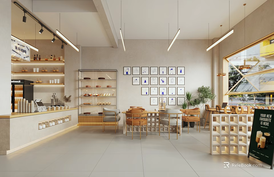 Modern Cafe Interior With Pendant Lights Decorative Paintings Wooden Tables Green Plants And Display Shelves 3d model 