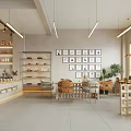 Modern Cafe Interior With Pendant Lights Decorative Paintings Wooden Tables Green Plants And Display Shelves