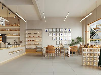 Modern Cafe Interior With Pendant Lights Decorative Paintings Wooden Tables Green Plants And Display Shelves 3d model