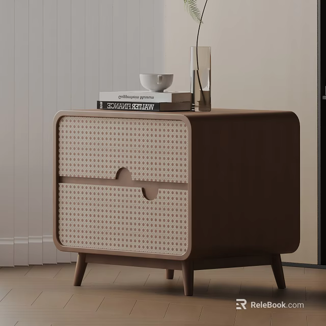 Minimalist Wooden Side Table With Perforated Drawers And Stacked Books Cup Decor 3d model 