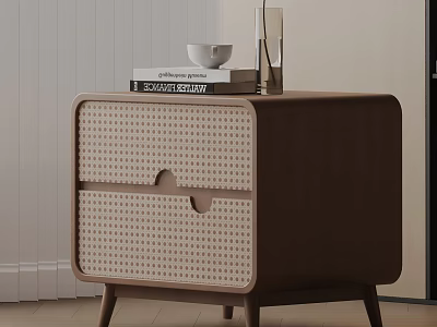 Minimalist Wooden Side Table With Perforated Drawers And Stacked Books Cup Decor 3d model