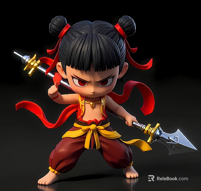 Man With Black Hair Red Ribbons And Fierce Expression Holding Spear In Yellow Red Outfit 3d model 