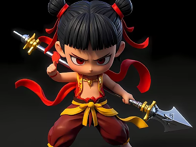 Man With Black Hair Red Ribbons And Fierce Expression Holding Spear In Yellow Red Outfit 3d model