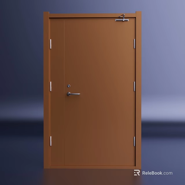 High Quality Brown Steel Fire Door With Metal Handle Lock And Reinforced Strips 3d model 