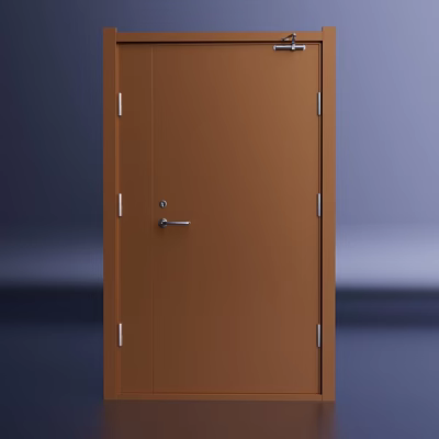 High Quality Brown Steel Fire Door With Metal Handle Lock And Reinforced Strips 3d model