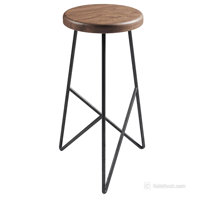 Modern Minimalist Bar Stool With Wooden Seat And Crossed Black Metal Legs 3d model 