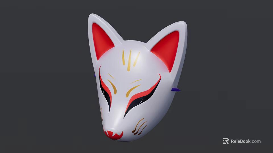 White Fox Mask With Red Ears Gold Red Patterns And Facial Design 3d model 