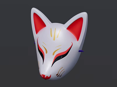 White Fox Mask With Red Ears Gold Red Patterns And Facial Design 3d model