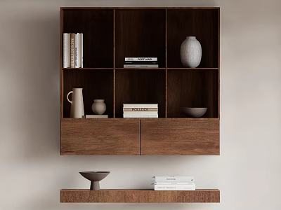 Wooden Shelf Unit with Multiple Compartments Holding Books Vases and Bowls and Lower Shelf 3d model