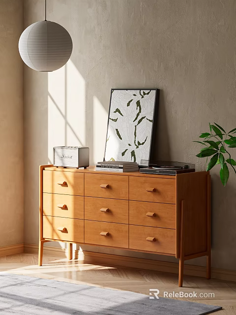 Wooden Dresser With Artwork Vinyl Records And Plant In Natural Light 3d model 