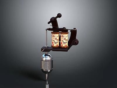 Vintage Tattoo Machine Equipment With Decorative Ink Bottles And Metal Base 3d model