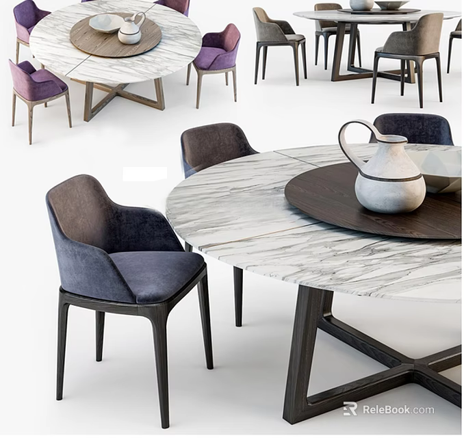 Modern Dining Table Set With Marble Tabletop Purple Navy Brown Chairs And Wooden Tray Jug 3d model 