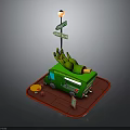 Green Food Truck With Banana Decorations Street Lamp Banana St Avenue Sign Small Table Chair