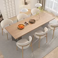 Modern Wooden Dining Table Set with Six Chairs Fruit Bowl and Decorative Items on Rug