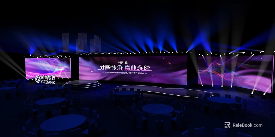 Modern Event Stage Setup With Large Screen Blue Lighting And Round Tables 3d model