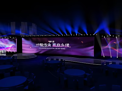 Modern Event Stage Setup With Large Screen Blue Lighting And Round Tables 3d model