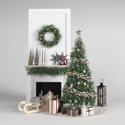 Christmas Decoration Set with Wreath Tree Stars Cones Candles Lantern and Gift Boxes 3d model