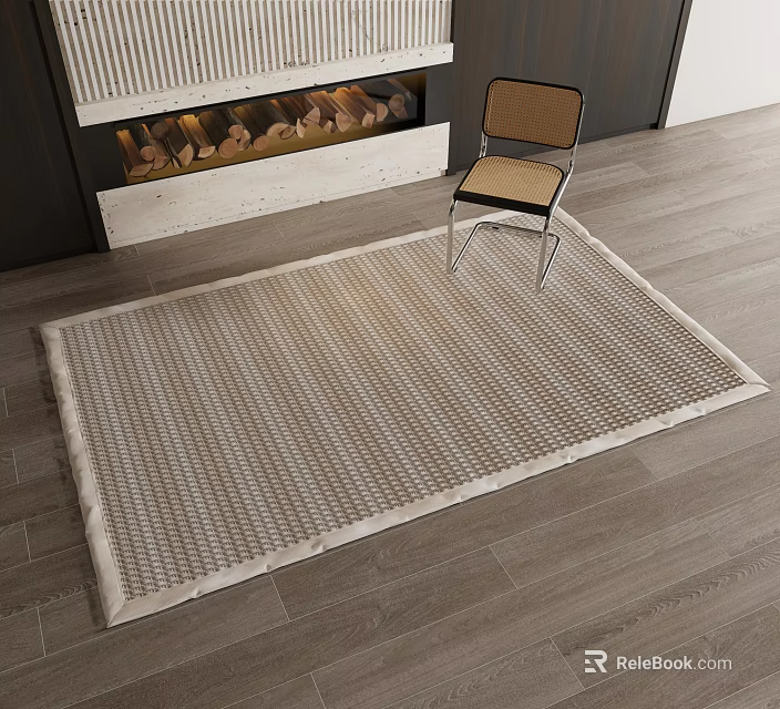 Square Rug With Grid Pattern On Wooden Floor Near Chair And Fireplace 3d model 